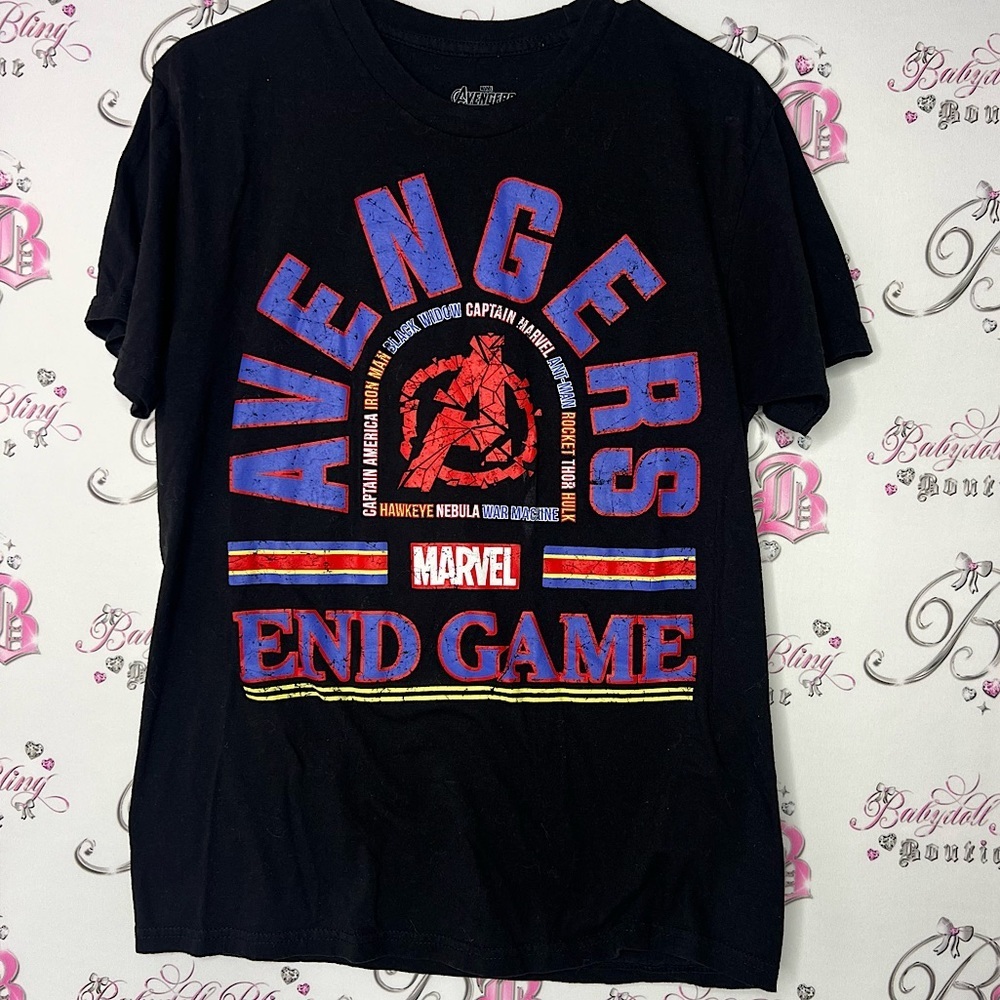 Avengers marvel end game tshirt black blue red logo on front and back Disney